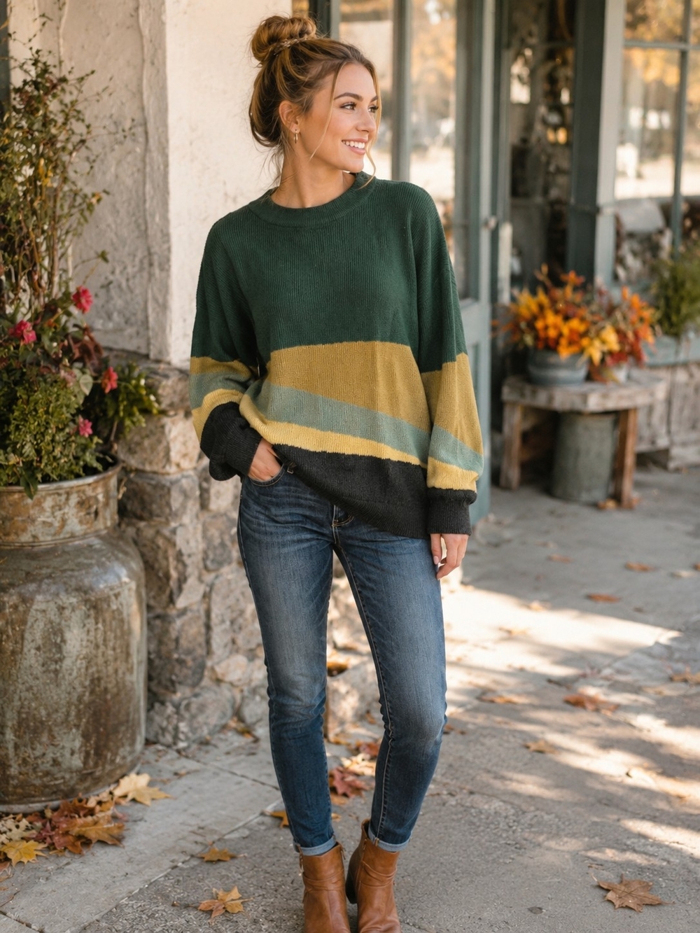 prAna Women’s Medium Colorblock Knit Sweater Green Mustard Relaxed Pullover